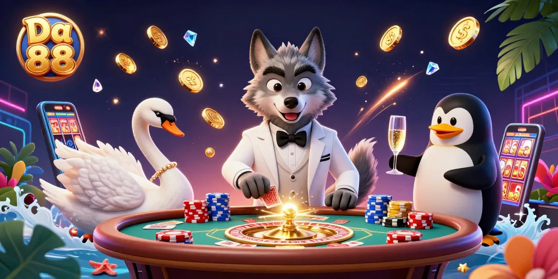 Experience thrilling gameplay at Da 88 with a stylish wolf, swan, and penguin in a lively casino scene.