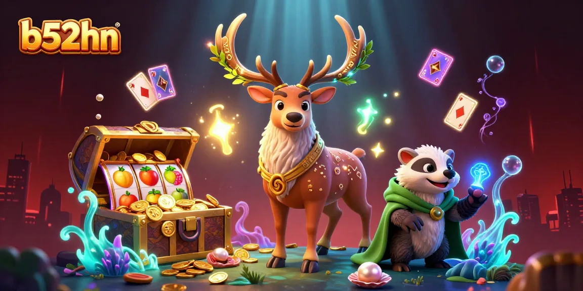 Engage with b52hn in a lively casino-themed scene featuring enchanting characters and dynamic game elements.