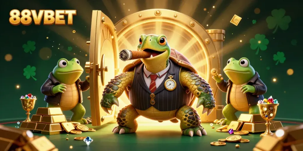 Experience exciting wins at 88VBET with a 3D casino scene showcasing vibrant characters amid treasure.