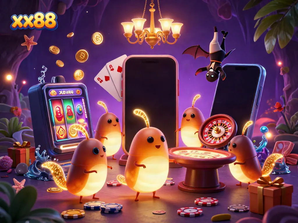 Experience the excitement of xx88 with glowworms illuminating a vibrant casino scene filled with gaming elements.