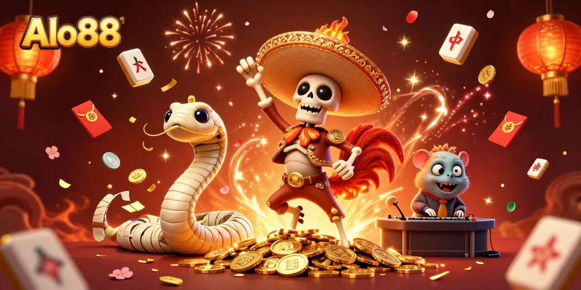 Alo88 players enjoying a vibrant casino experience with lively characters and celebratory elements.