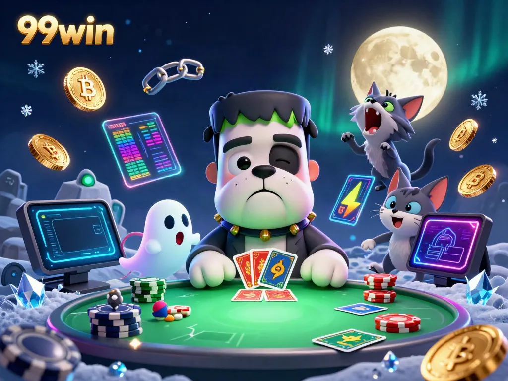99win features a whimsical Frankenstein bulldog dealer and ghost mouse at a casino table.