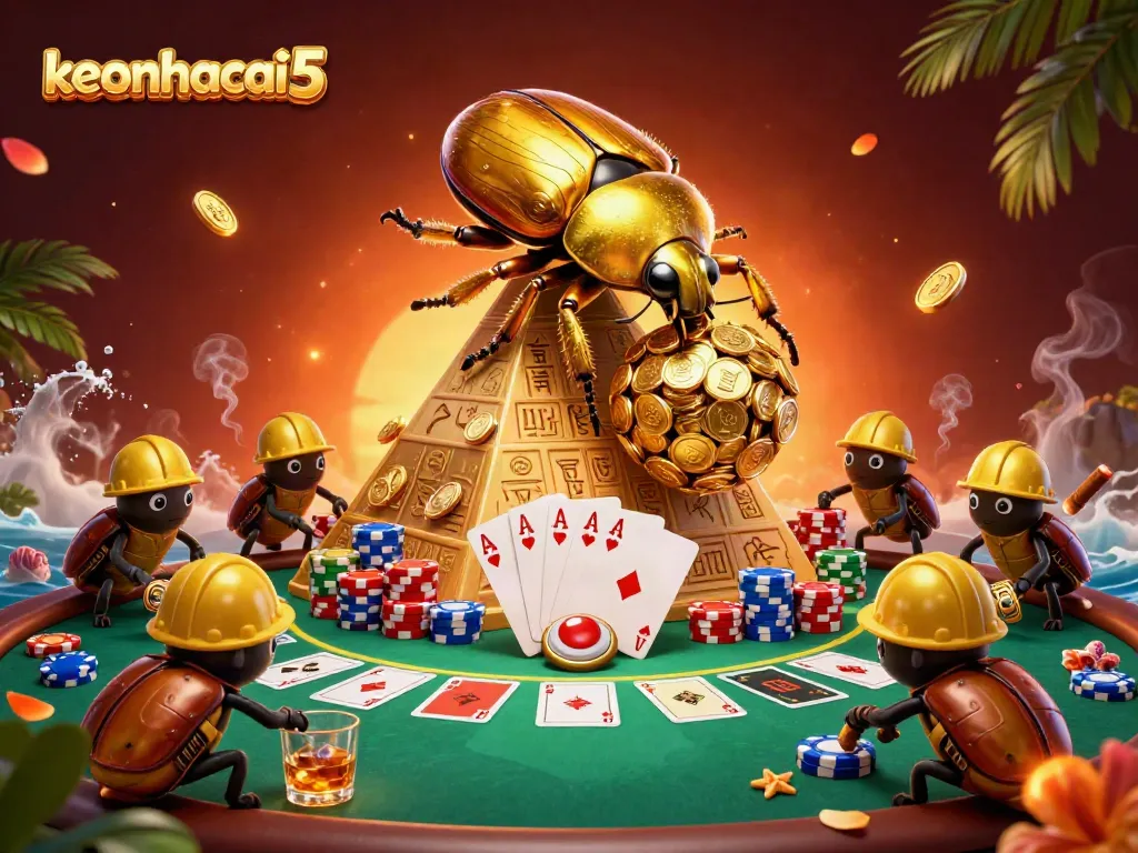 Engage with keonhacai5 in a vibrant 3D illustration of a golden dung beetle casino scene, filled with action.