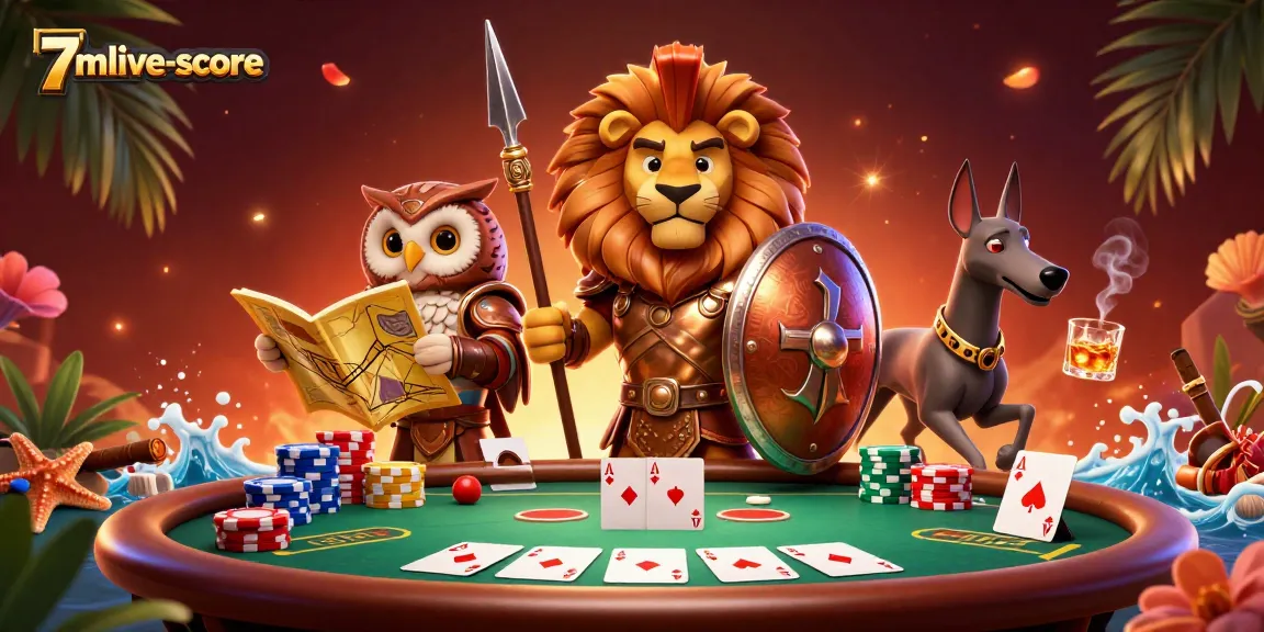 Engage in poker action with the 7mlive-score scene featuring a Spartan lion and chips.