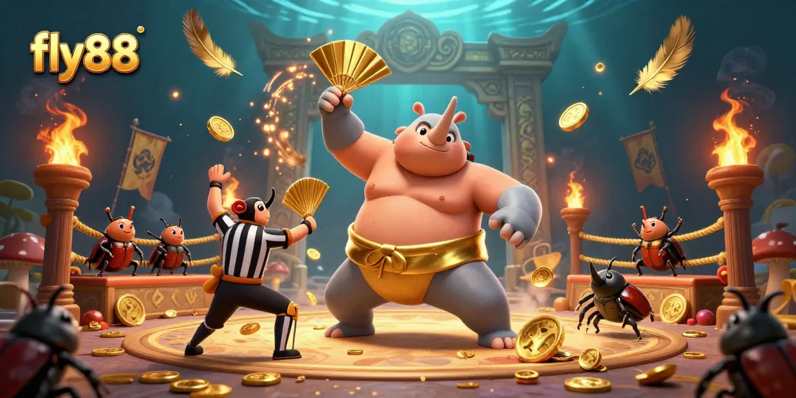 Experience the thrill of fly88 as the sumo beetle champion sends coins flying in a dynamic casino scene.
