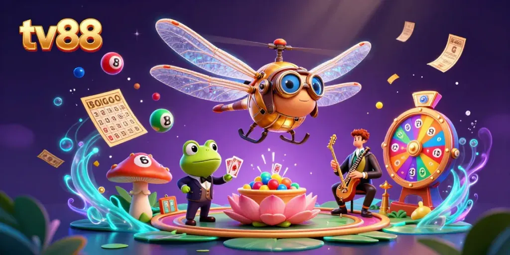 Experience thrilling gaming at tv88 with a dragonfly pilot and a frog croupier in a captivating casino scene.