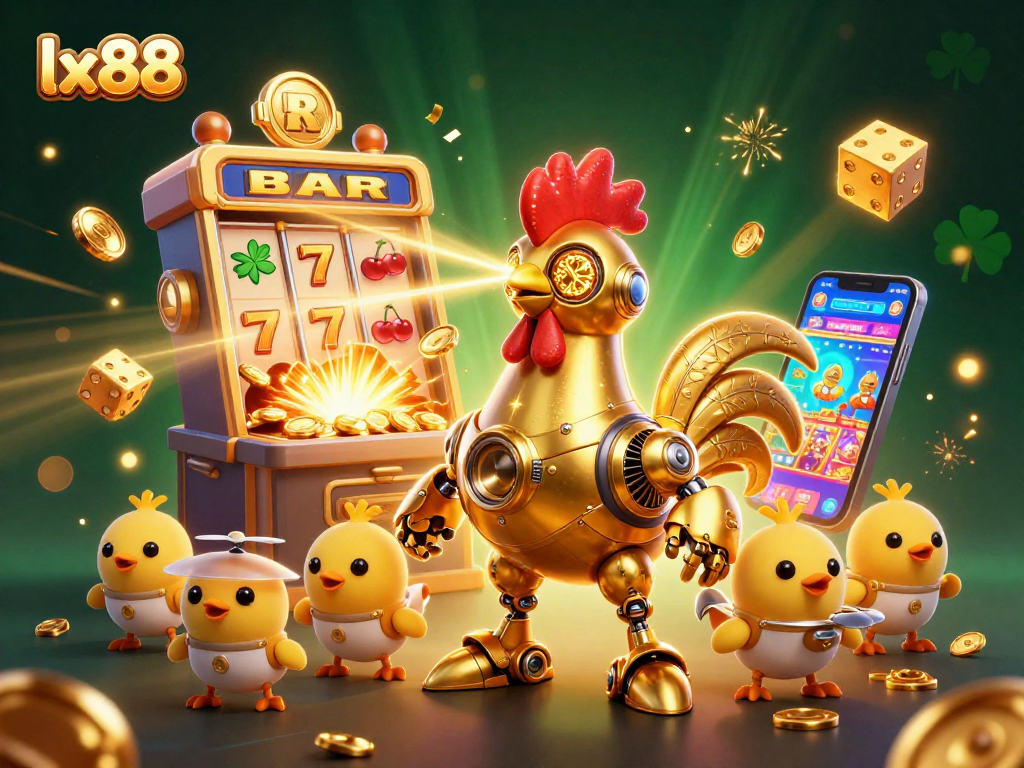 Experience thrilling gameplay at lx88 with a golden rooster robot and vibrant casino elements!