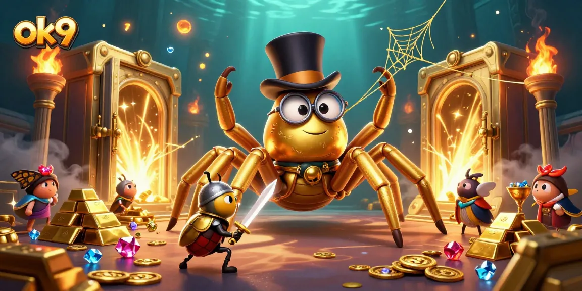 Experience exciting gameplay at ok9 with a golden tarantula and knight in a vibrant casino setting.