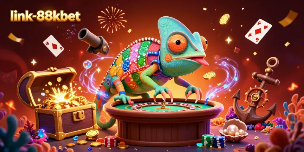 Experience vibrant casino action at link-88kbet with a chameleon character and treasure-filled underwater scene.