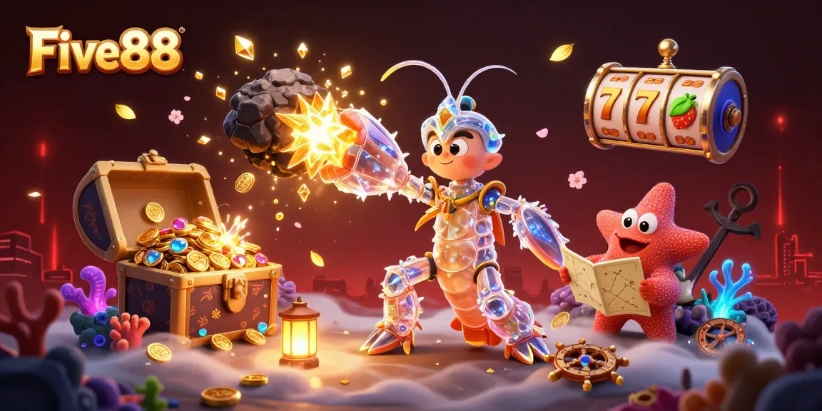 Win big with Five88: Adventure-filled slot scene featuring vibrant shrimp heroes.