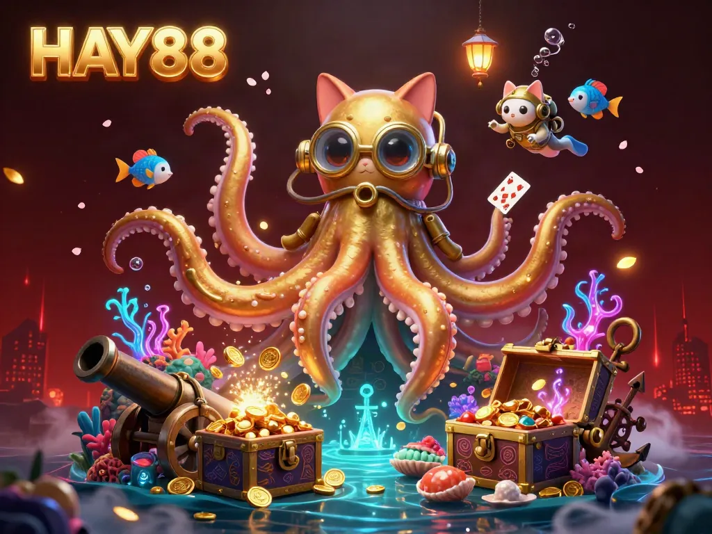 Engage with HAY88 through a thrilling scene of a kraken and diving cat amidst casino treasures.