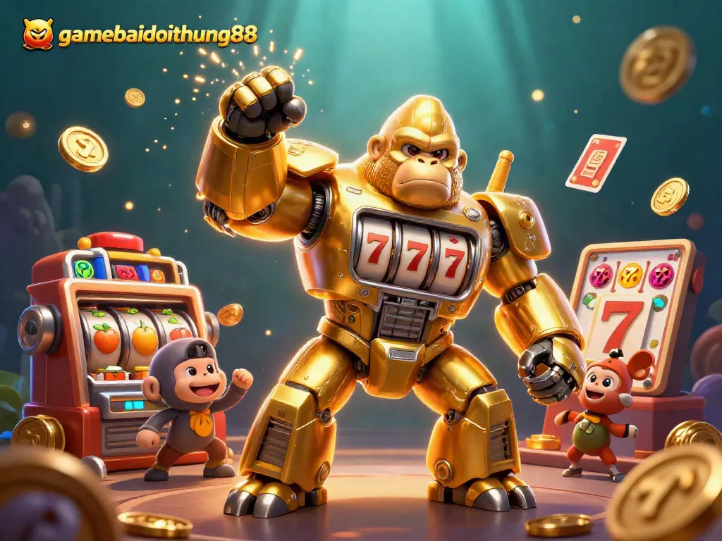 Join the action with gamebaidoithuong88 in a vibrant, dynamic gambling scene featuring a golden gorilla mech.