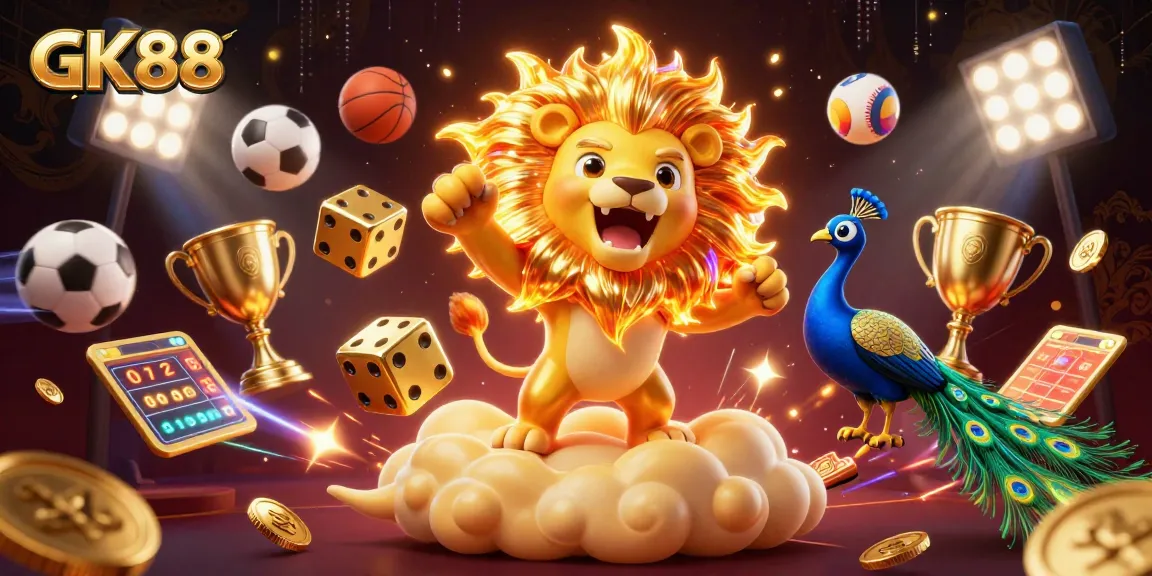 Experience thrilling gameplay with GK88 as a majestic sun lion roars amid golden casino elements.