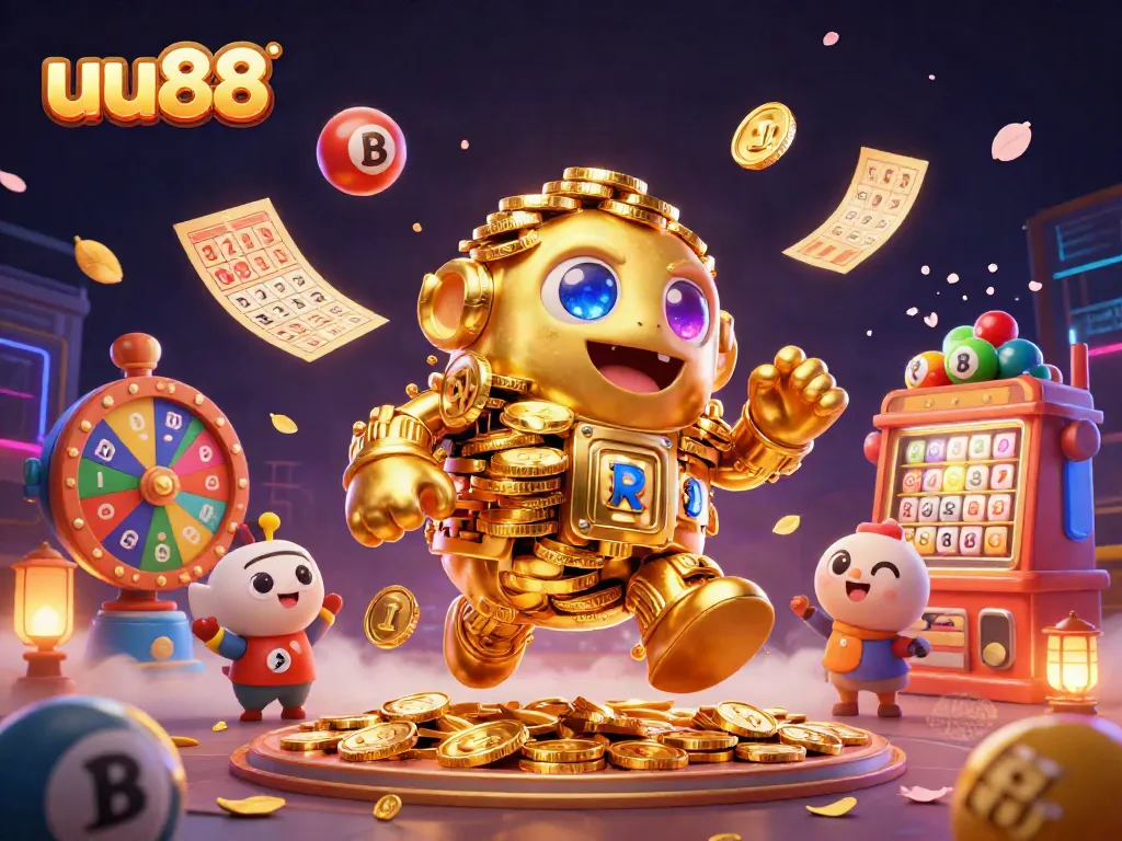 Experience the excitement of uu88 with dynamic lottery themes and a vibrant gold golem in action.