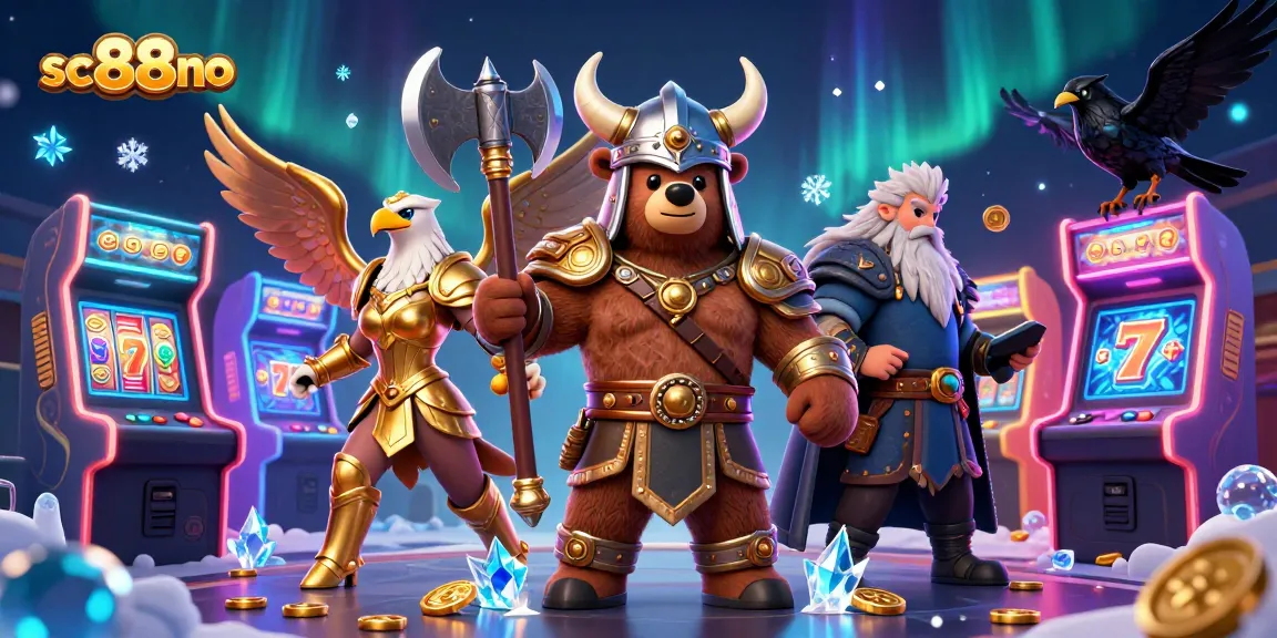 Engage with sc88no's thrilling casino experience showcasing Viking characters amidst jackpots and game elements.
