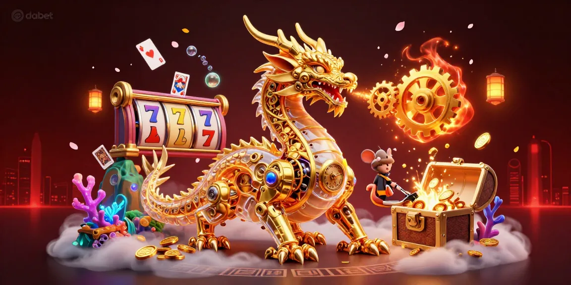 dabet dragon unleashing golden gears amidst vibrant slot reels and floating cards in a captivating gambling scene