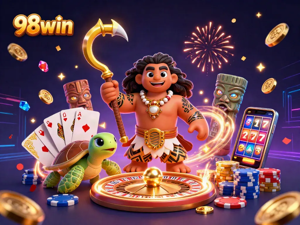 Experience the thrill of 98win with a vibrant 3D casino scene featuring exciting gambling elements and characters.
