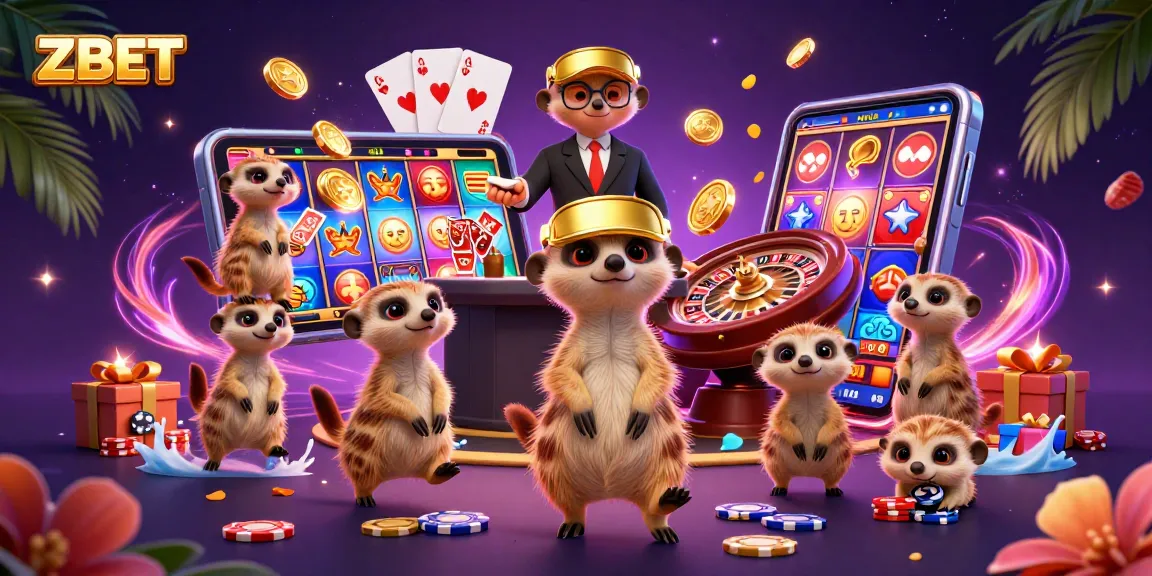 ZBET slots showcase with meerkats dealing cards in a vibrant casino atmosphere.
