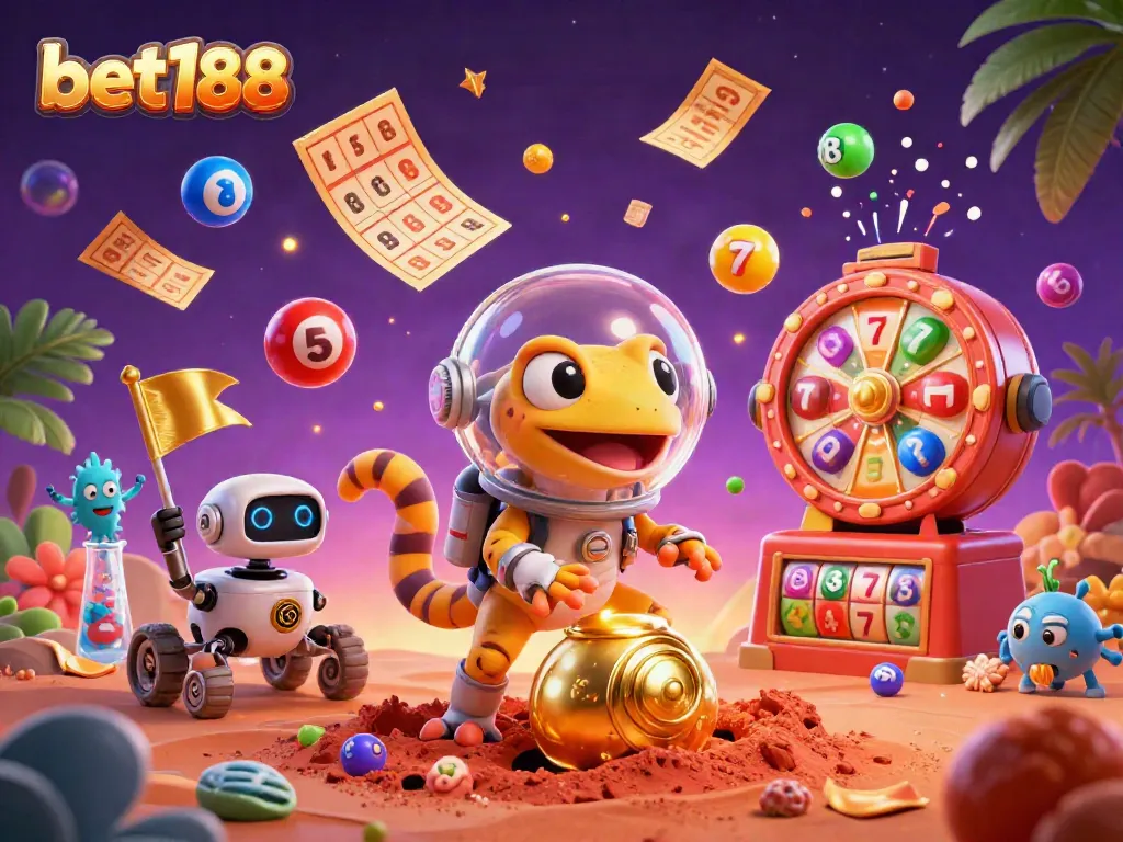 Join the adventure with bet188 as a Martian gecko discovers a vibrant casino in a dynamic 3D illustration.