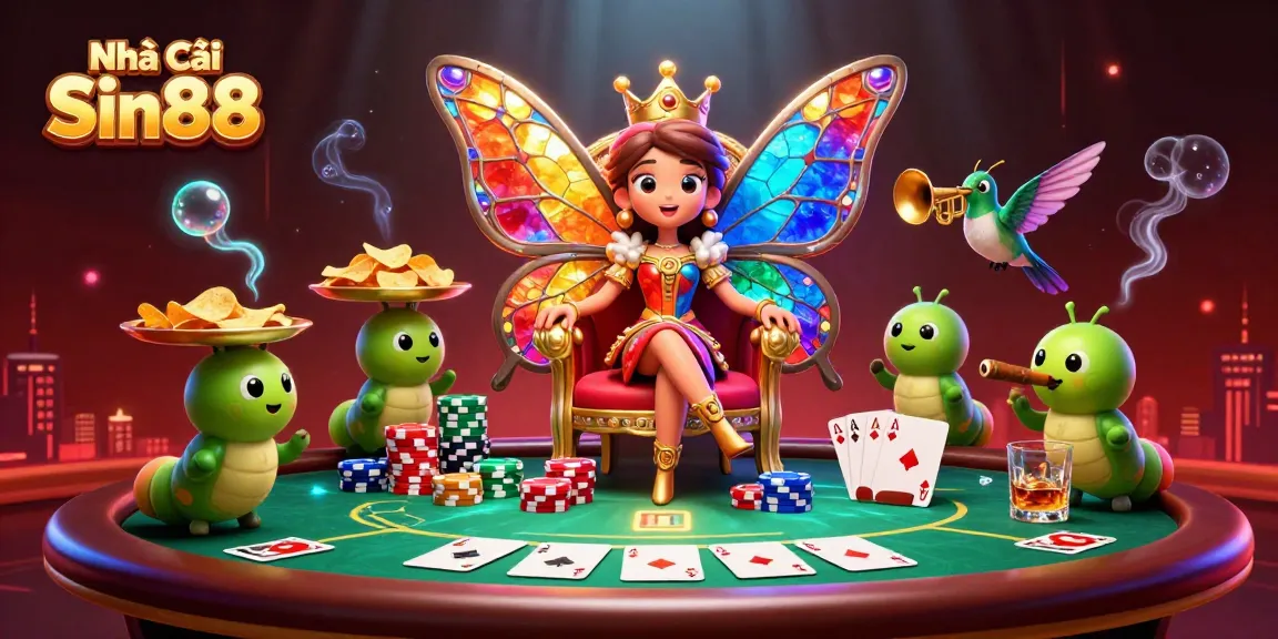 Engage with Nhà Cái Sin88 through a vibrant 3D illustration showcasing a butterfly queen at a poker table surrounded by chips and cards.