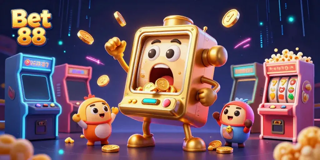 Bet 88 slot machine celebrates a jackpot with cheering baby machines and golden coins pouring out.