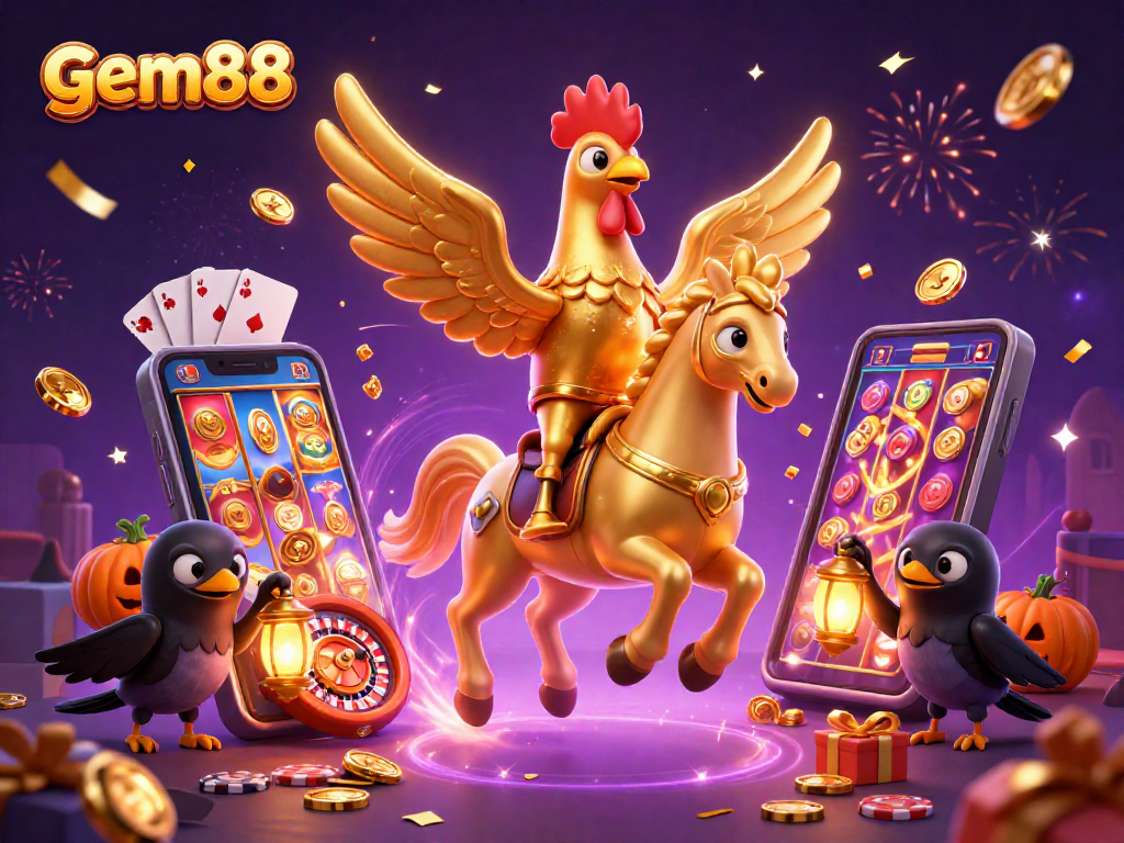 Experience gem88's thrilling games amidst festive characters in this vibrant 3D casino illustration.