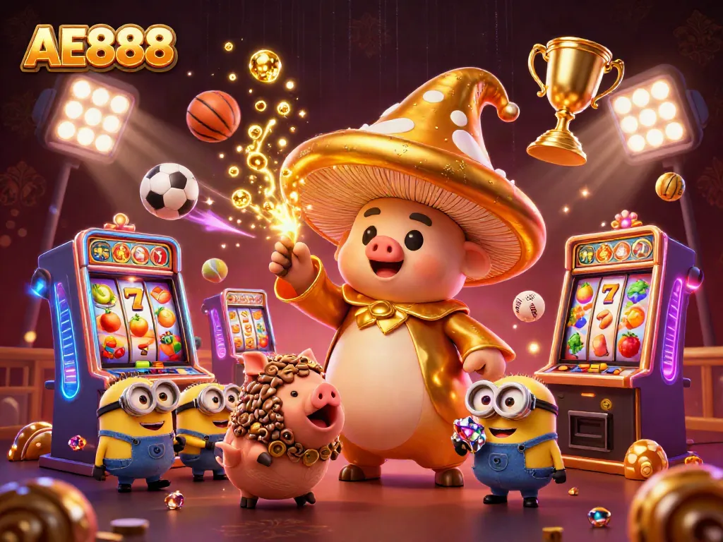 Spin the reels at AE888 Casino with vibrant characters and festive gaming elements.