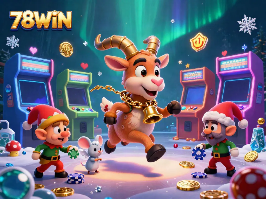 Experience thrilling moments at 78WIN casino with festive characters enjoying casino games.