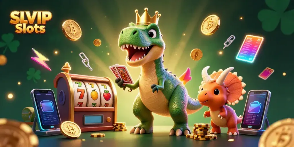 Engage in SLVIP Slots with vibrant characters and slot game elements illustrated in 3D.
