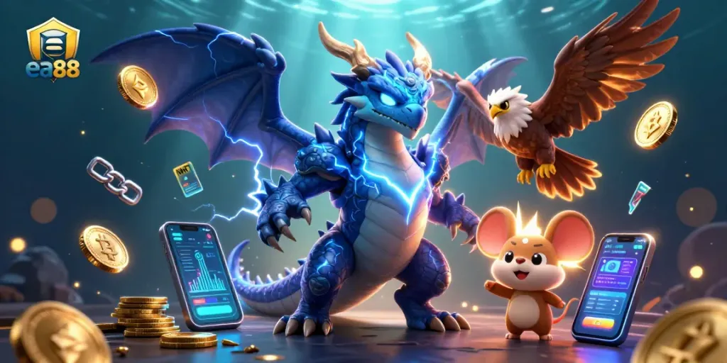 Engage with ea88's electrifying gaming world filled with dynamic crypto elements and vibrant characters.