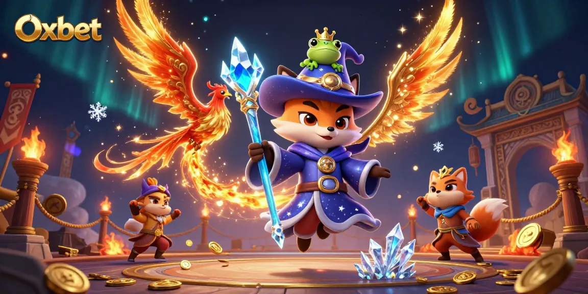 Oxbet enhances your gaming with a mystical wizard and fiery phoenix, representing exciting casino adventures.
