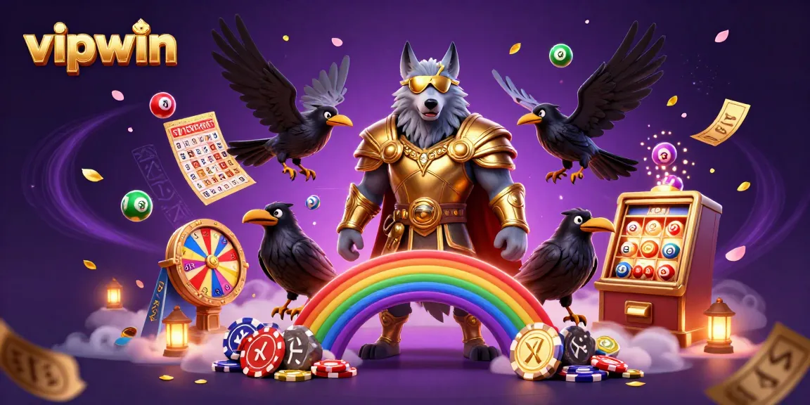 Experience vipwin gameplay with Odin and ravens amidst a colorful casino world filled with lottery elements.