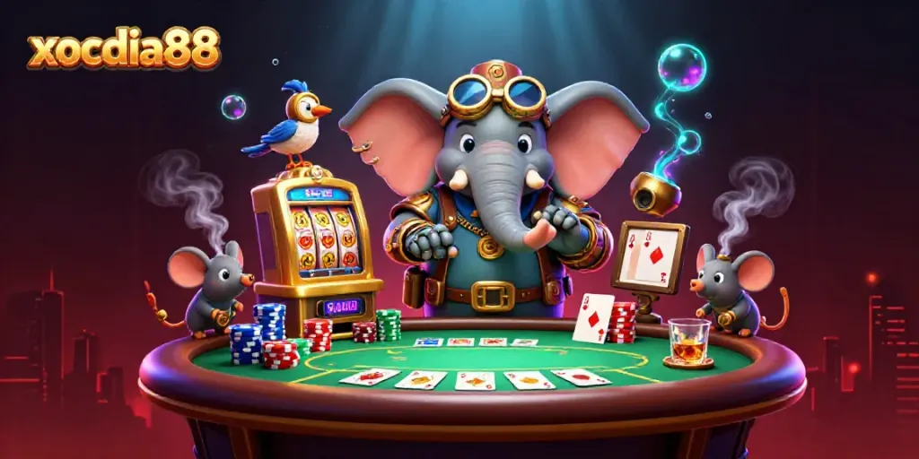 Xocdia88's steampunk themed casino illustration showcases dynamic gambling action and engaging characters.