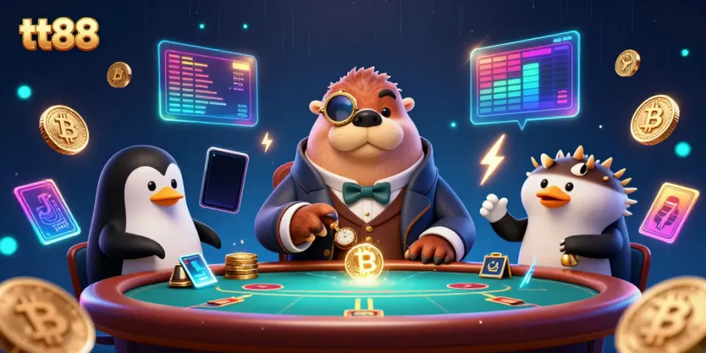 Engage in thrilling poker action with tt88's underwater casino featuring a walrus and vibrant game elements.