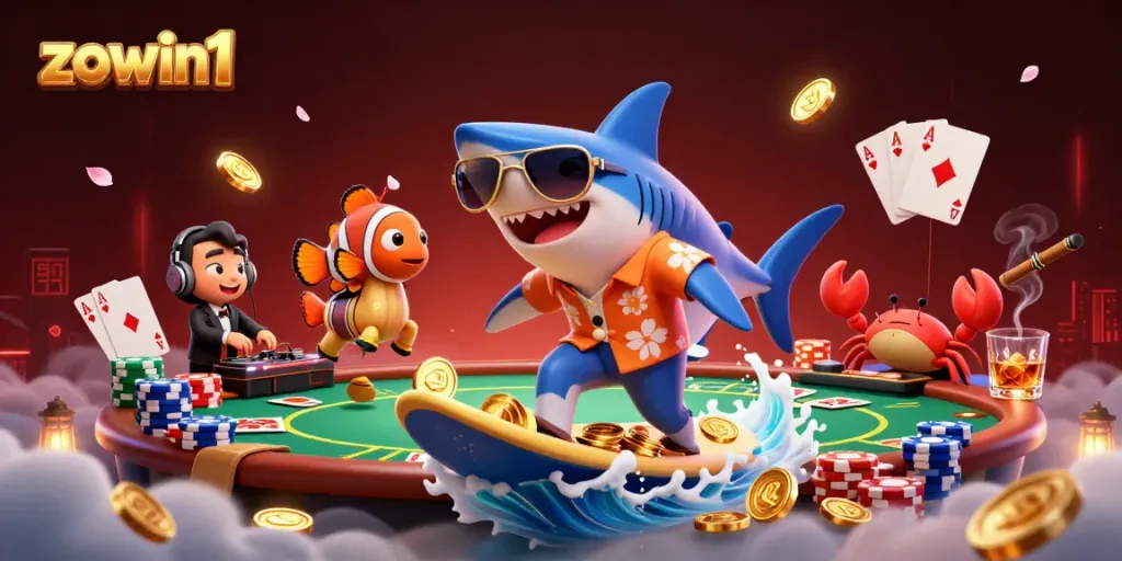 Experience the thrill of z win 1 with vibrant casino action illustrated by a surfing shark and colorful gaming elements.