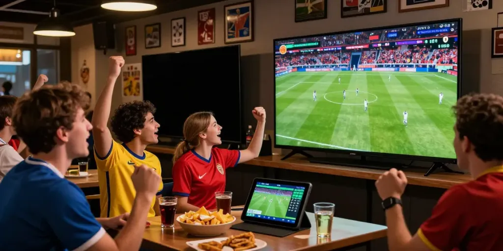 Exciting Socolive football streaming scene in a vibrant sports bar.