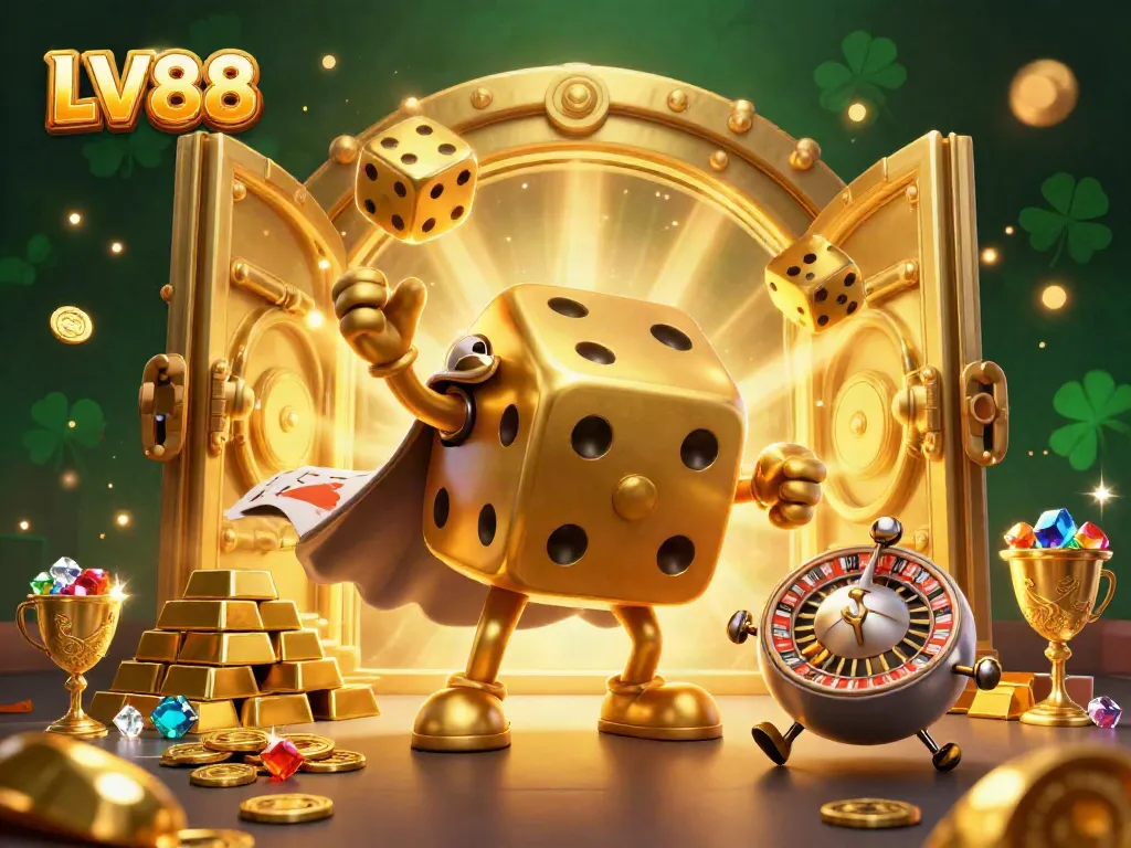 Experience thrilling LV88 casino adventures with a golden dice golem and sparkling treasures in this 3D illustration.