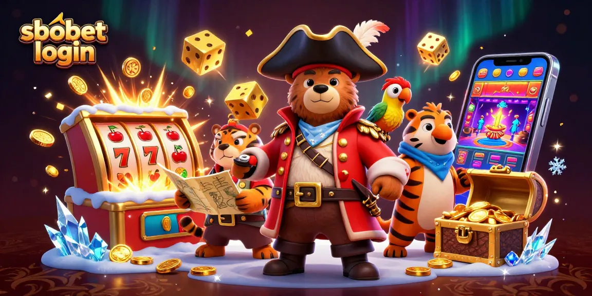 Experience sbobet login amidst vibrant casino elements, featuring dynamic 3D pirate characters, slot machines, and golden treasures.