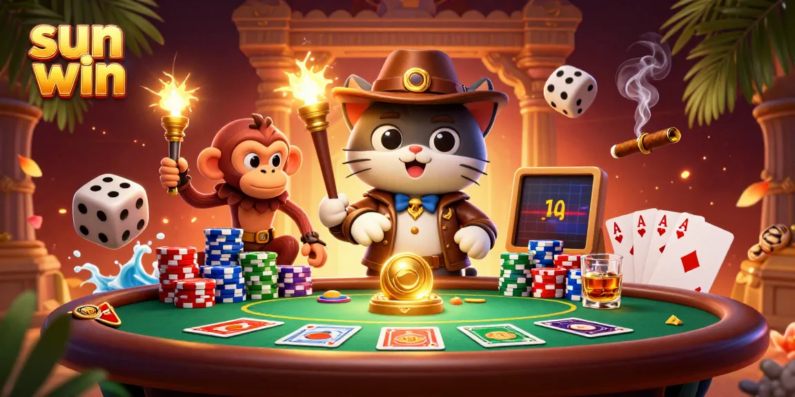 Engage in exciting moments with sun win at a vibrant casino scene featuring an adventurous cat and monkey.