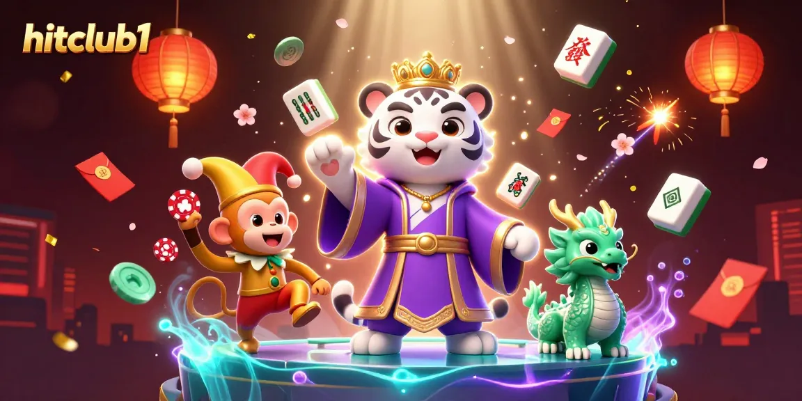 Hitclub1 showcases vibrant gaming fun with tiger, monkey, and jade dragon in a dynamic casino scene.