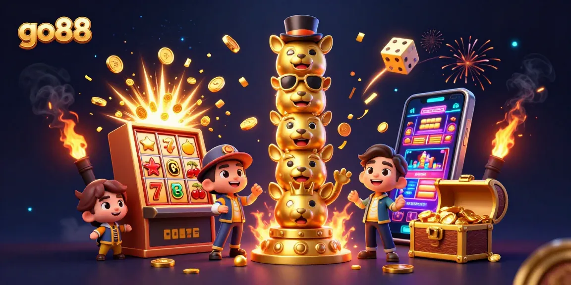 Experience winning moments at go88 with a vibrant casino-themed illustration showcasing golden jackpots and gaming excitement.