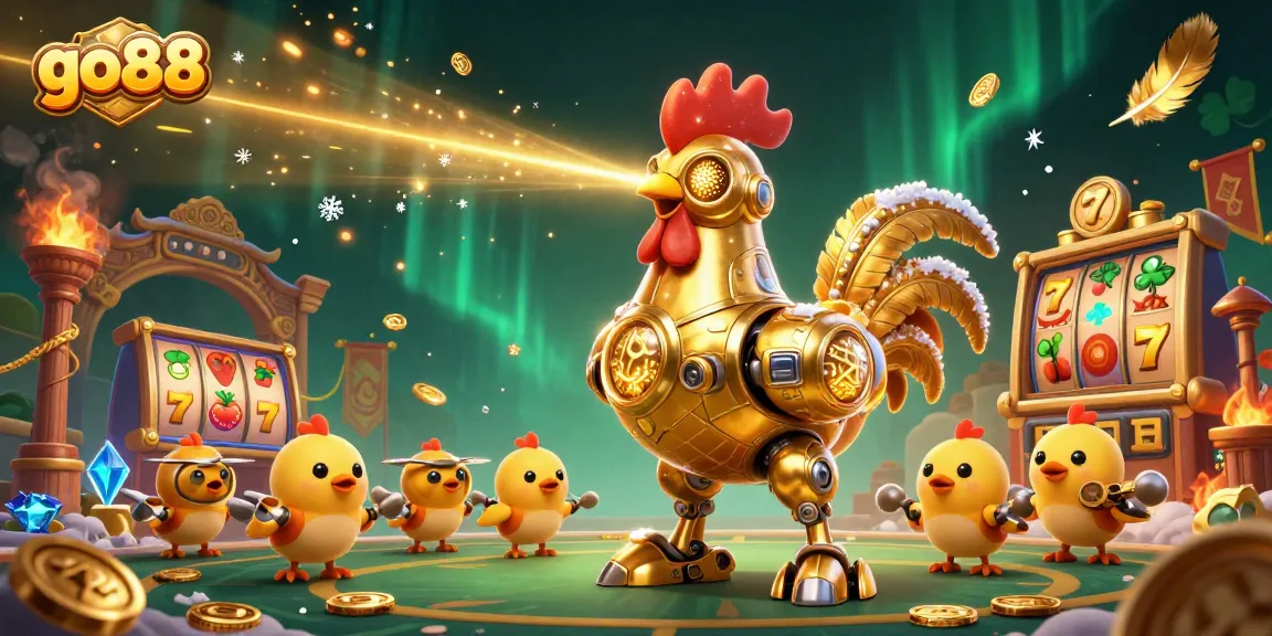 Win with go88 slots featuring dynamic golden rooster robot and engaging casino elements.