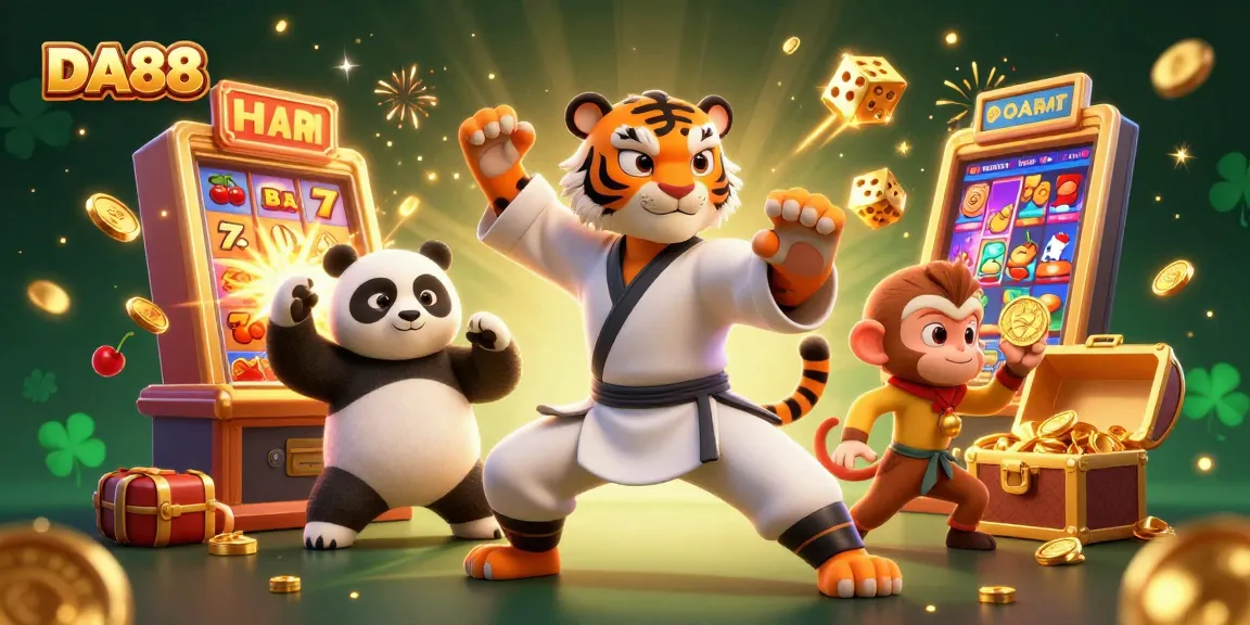 Experience DA88 gaming excitement with a kung fu tiger, panda, and monkey amidst jackpot chaos.