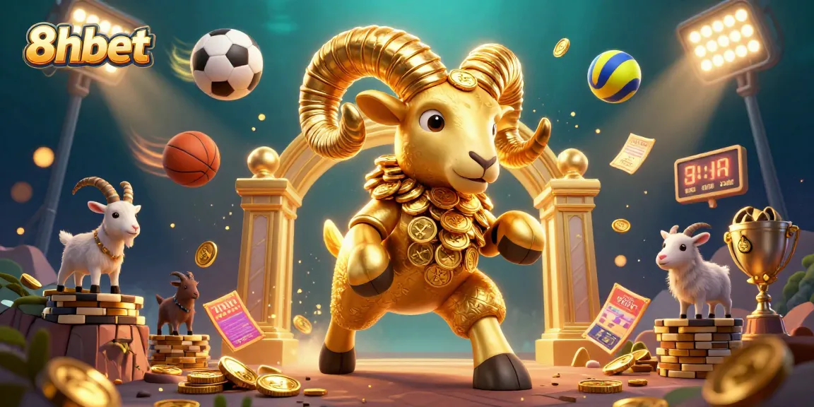 Experience the thrill of 8xbet in this vibrant casino illustration showcasing a golden ram charging through a world of sports and betting excitement.