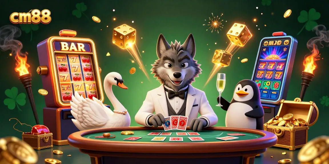 Experience cm88's thrilling atmosphere with a wolf, swan, and penguin at an exciting casino.