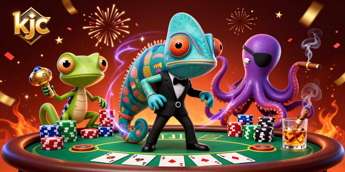 Play poker and win at KJC with strategic gameplay among chameleon agents and colorful chips.