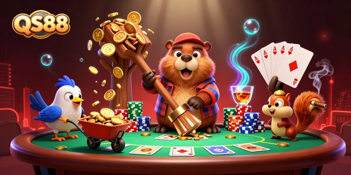 Experience the excitement at QS88 with an energetic gambling scene featuring vibrant characters and casino elements