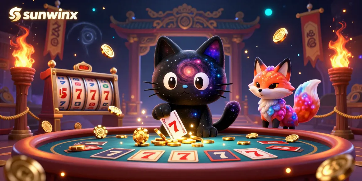 Experience the thrill of sunwinx as a cosmic black hole cat draws in golden chips at a vibrant casino table.