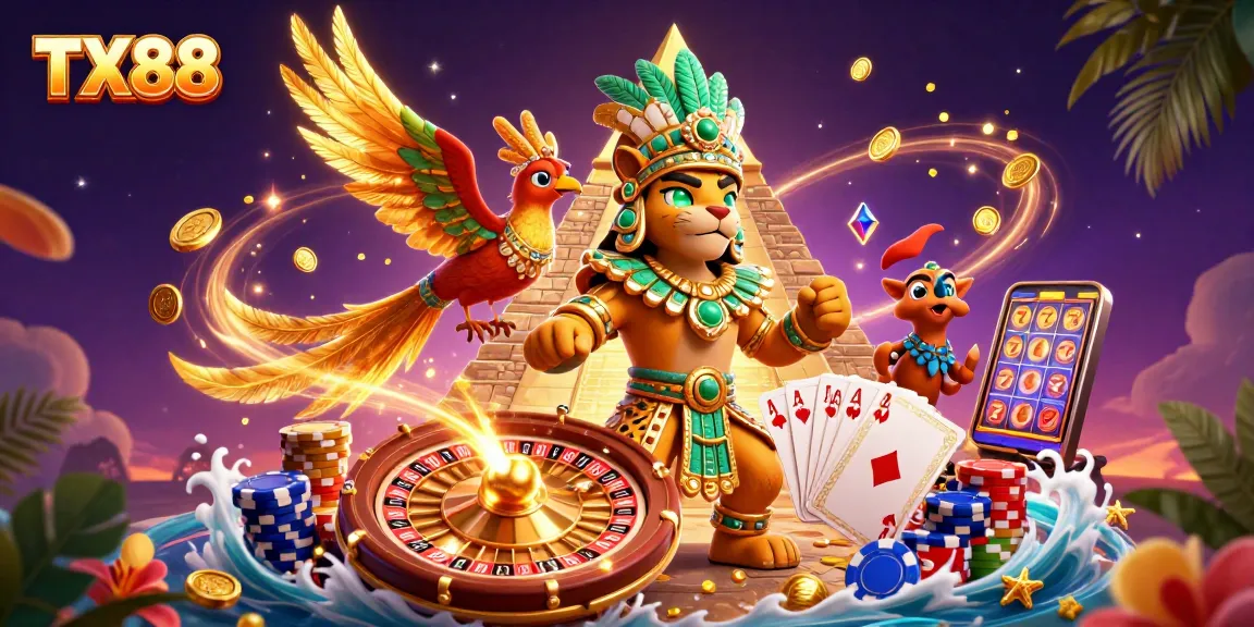 Experience the excitement of TX88 with cascading coins and dynamic casino elements in stunning detail.