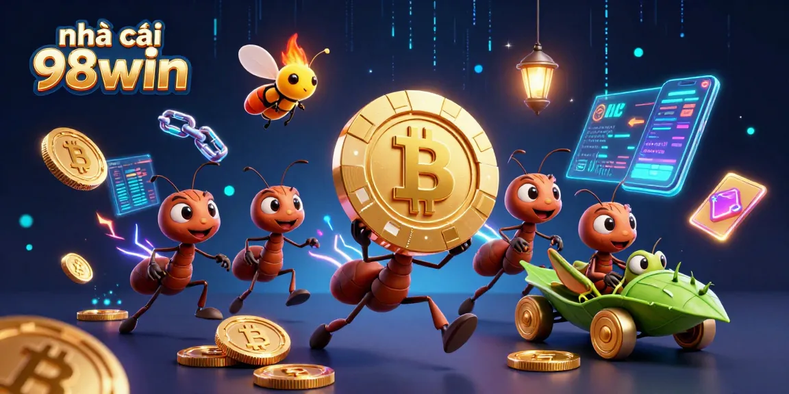 Experience the thrill at nhà cái 98win with ants stealing a giant poker chip amid glowing cryptocurrencies.